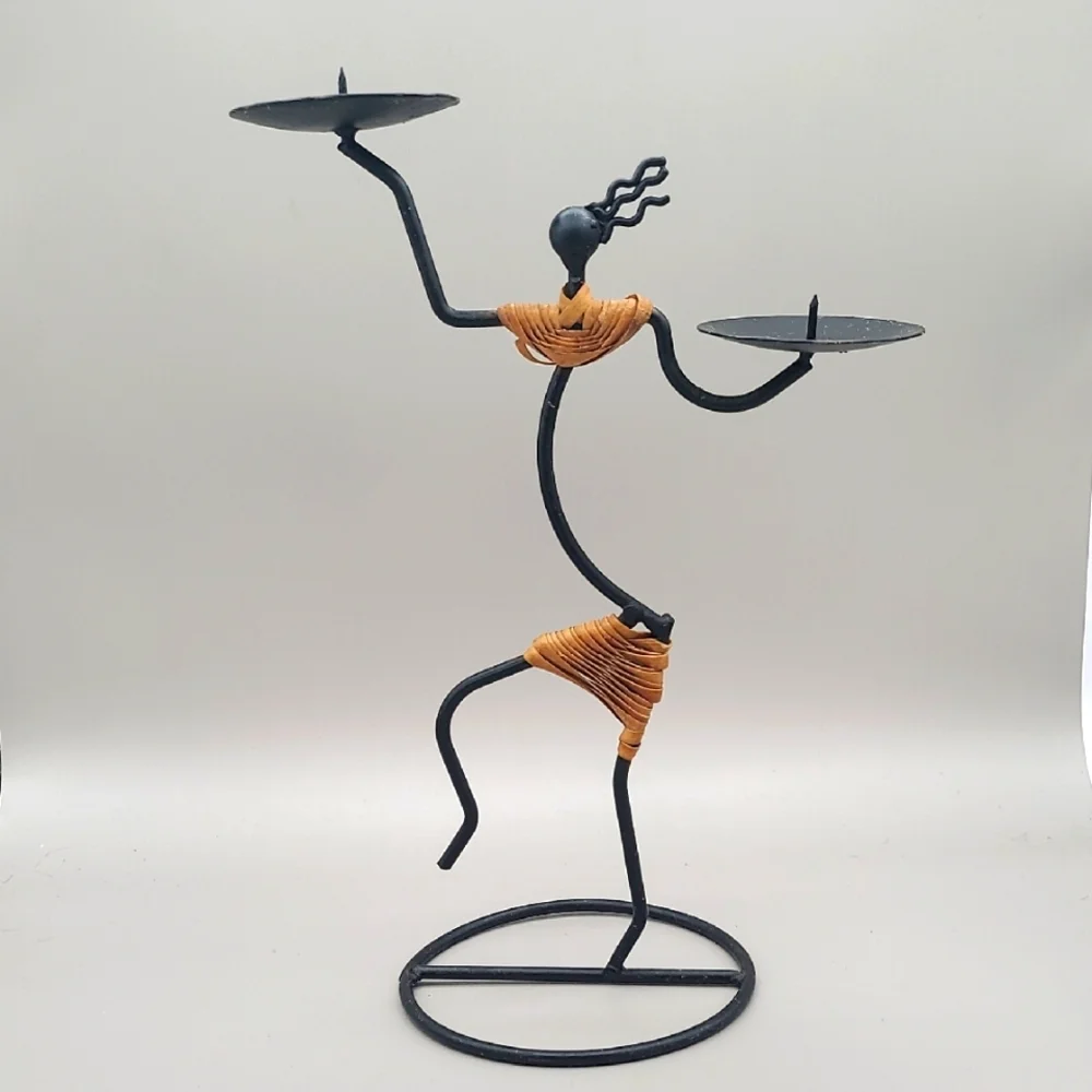Tribal Black & Wicker Metal Figurine Candleholder